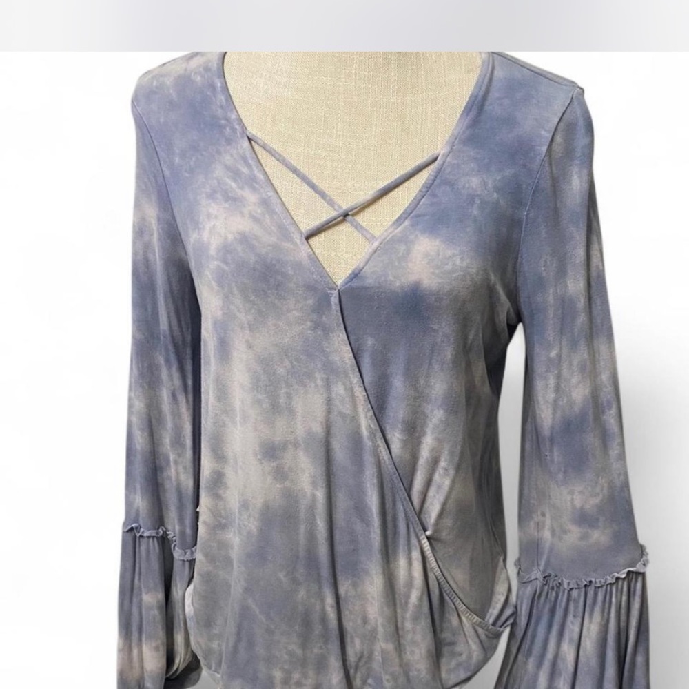 Blue and Gray Wrap Blouse with Bell Sleeves